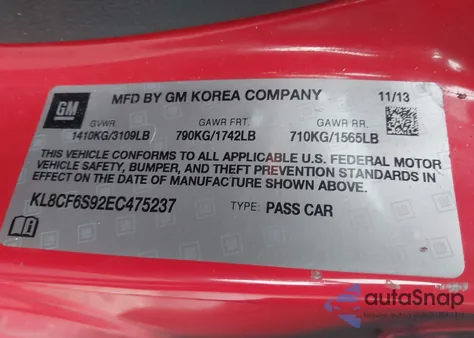 2014 Chevrolet Spark 2Lt Auto z USA, uszkodzony, nr VIN KL8CF6S92EC475237